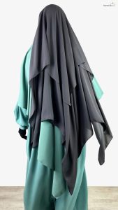 Niqab-Classique-150-Gris-Fonce-x-Abaya-Manches-Bouffantes-Vert-Opaline-x-Maxi-Khimar-Classique-Vert-Opaline